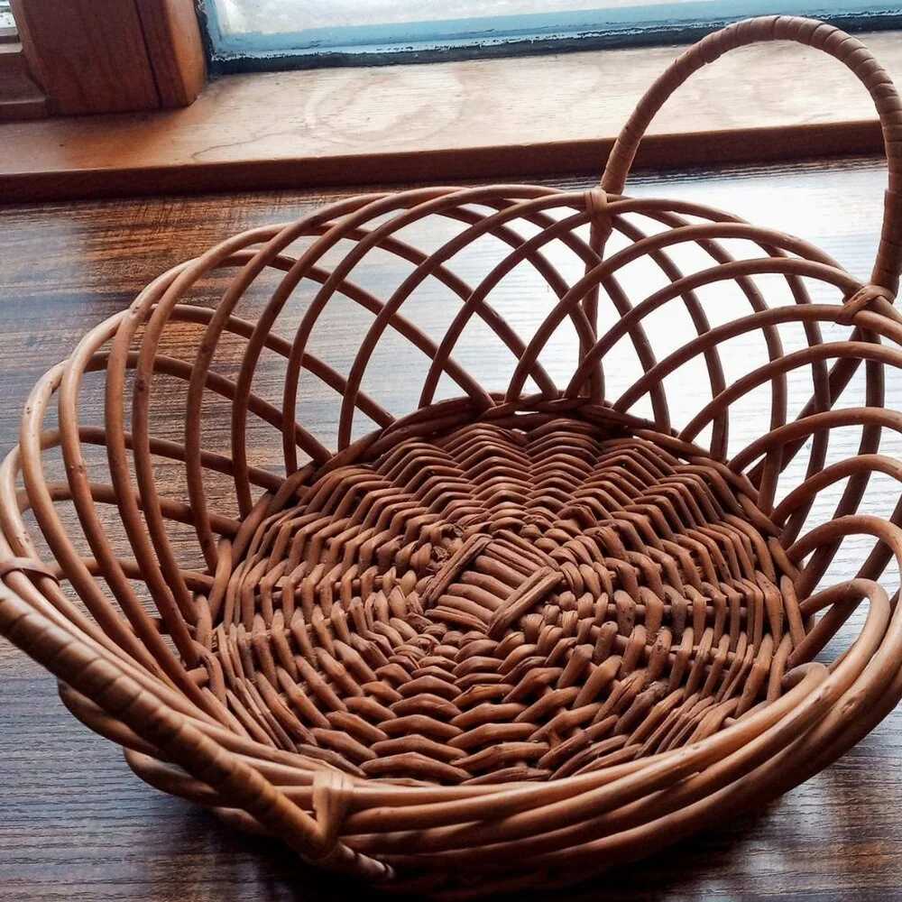 Vintage Boho Chic Wicker Rattan Bowl Basket Farmhouse Rustic Decor w/Handles